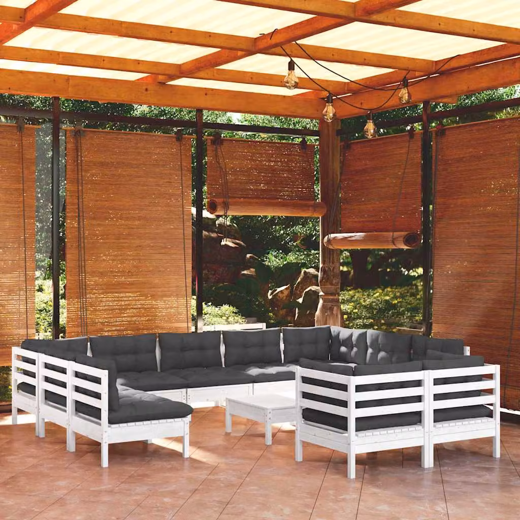 Set di Divani da Giardino vidaXL a Forma di L in Legno di Pino con Cuscini Bianchi e Antracite