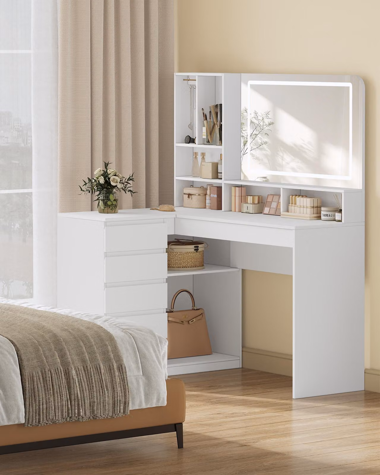 Tavolino da trucco a forma di L con illuminazione a LED - 5 cassetti e vani aperti - Bianco