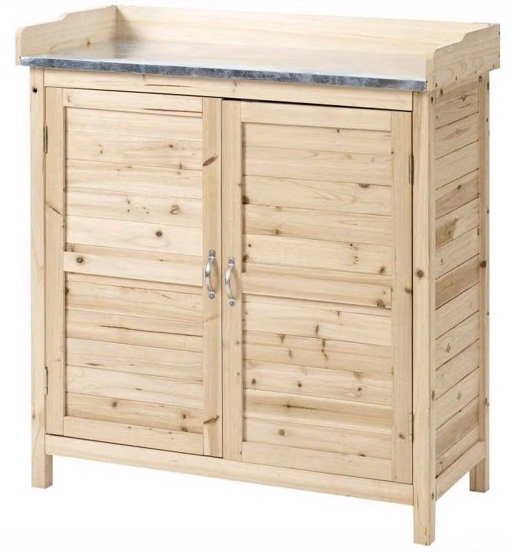 Armadio da giardino - Cassone da giardino - Mobile contenitore per esterni - Deposito per giardino - Capanno da giardino - Legno massello - Doppie porte con piano di lavoro - Rialzato