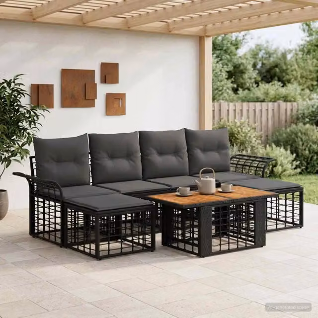 Set Divano da Giardino a L con Tavolino e Ottoman vidaXL, 7 Pezzi, Nero e Grigio – 1