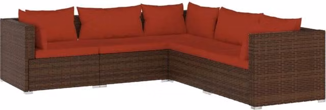 Set di mobili da giardino Outsunny a forma di L composto da 5 pezzi con cuscini imbottiti marroni e rossi in resina intrecciata e struttura in acciaio verniciato a polvere