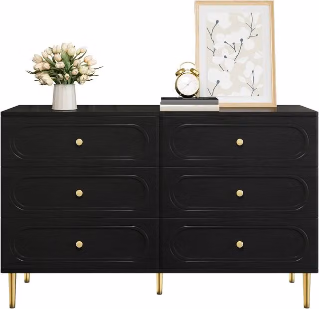 Credenza moderna con 6 cassetti e maniglie in metallo per soggiorno o camera da letto, colore nero opaco, L 120 cm x P 40 cm x H 75 cm
