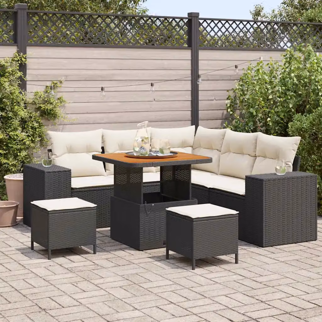 Set Divano da Giardino vidaXL 8 Pezzi in Polyrattan con Cuscini Nero e Beige per 7-8 Persone – 1