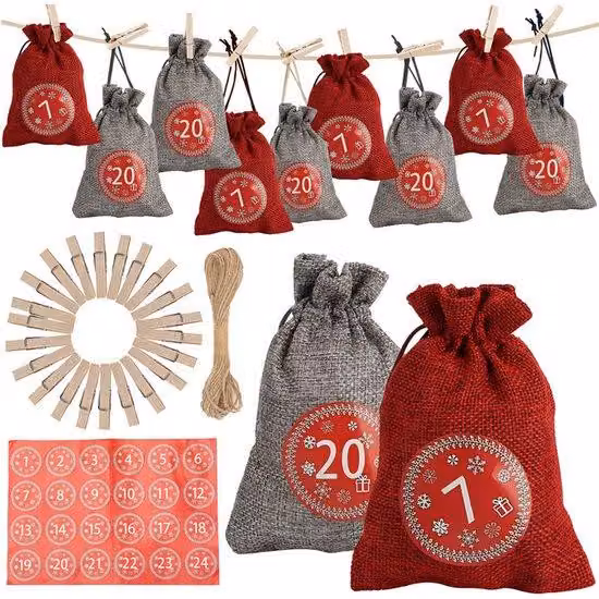 Calendario dell'Avvento fai da te - 24 sacchetti di juta - Adesivi rossi - Inclusi bottoni e corda - Calendario dell'Avvento personalizzato - Decorazioni natalizie - Natale - Regalo di Natale - Conta alla rovescia per il Natale