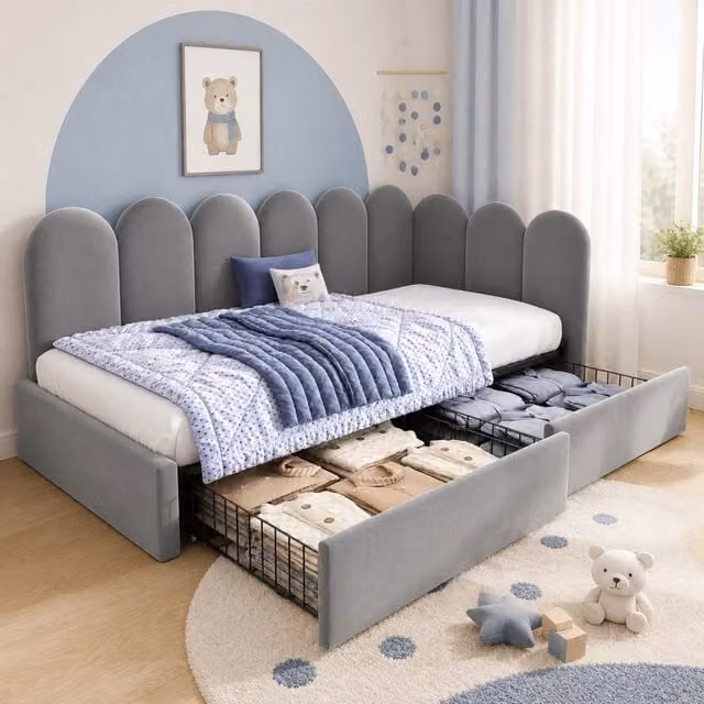 Letto daybed a L Mivray con cassetti e schienale imbottito in velluto grigio L/P/H: 209 x 94 x 76 cm