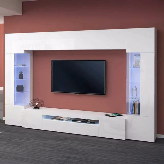 Parete attrezzata Arga DMORA per soggiorno con luce LED e 6 ante, Bianco lucido, L: 290 cm, P: 40 cm, H: 191 cm