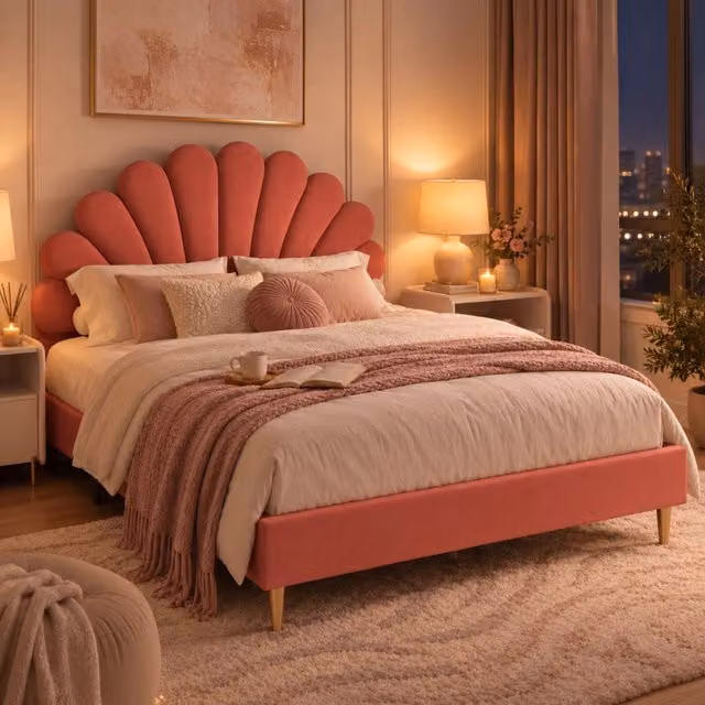 Letto Matrimoniale 140x200cm, Letto Imbottito Matrimoniale, Rete a Doghe, Testiera a Forma di Petalo, Comfort per Camera da Letto, Senza Materasso, Rosso Vino