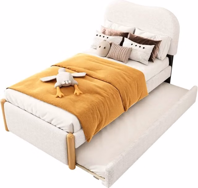 Letto singolo 90 × 200 cm con letto estraibile 91 × 191 cm, 2 posti, senza materasso, imbottito in velluto bianco