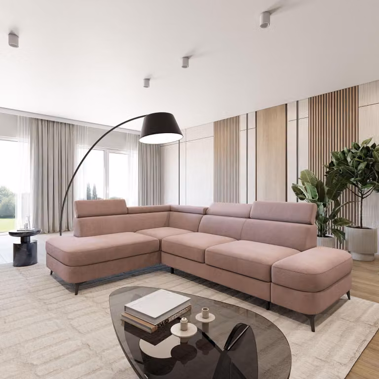 Divano ad angolo Masseno AVISE MV L-S con funzione letto a L, divano con contenitore, divano da salotto, divano, divano letto, set divani - Rosa, MATT VELVET 61