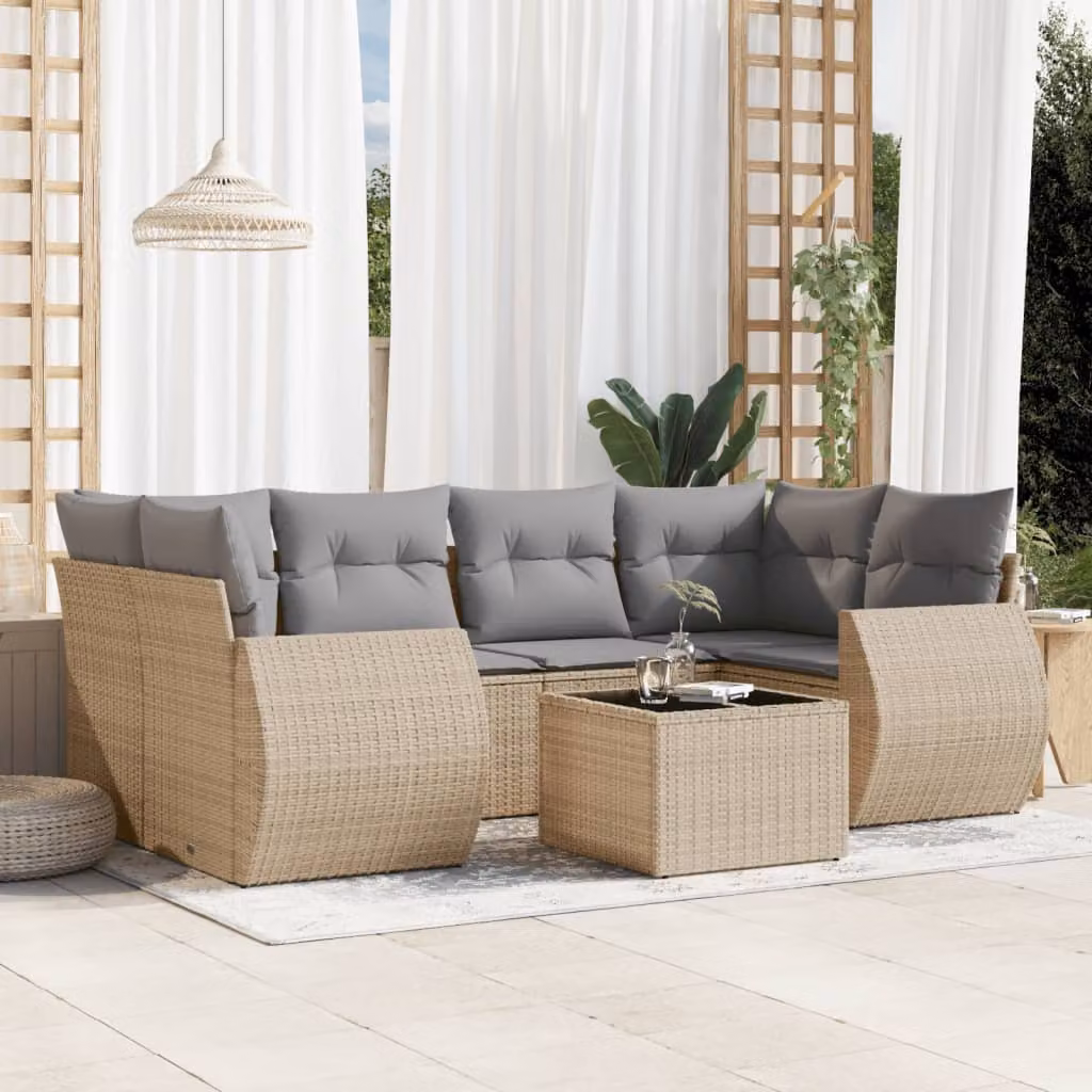 vidaXL Set Divani da Giardino 7 pz a Forma a L con Cuscini Beige e Tavolino da Esterno in Polyrattan e Metallo – 1