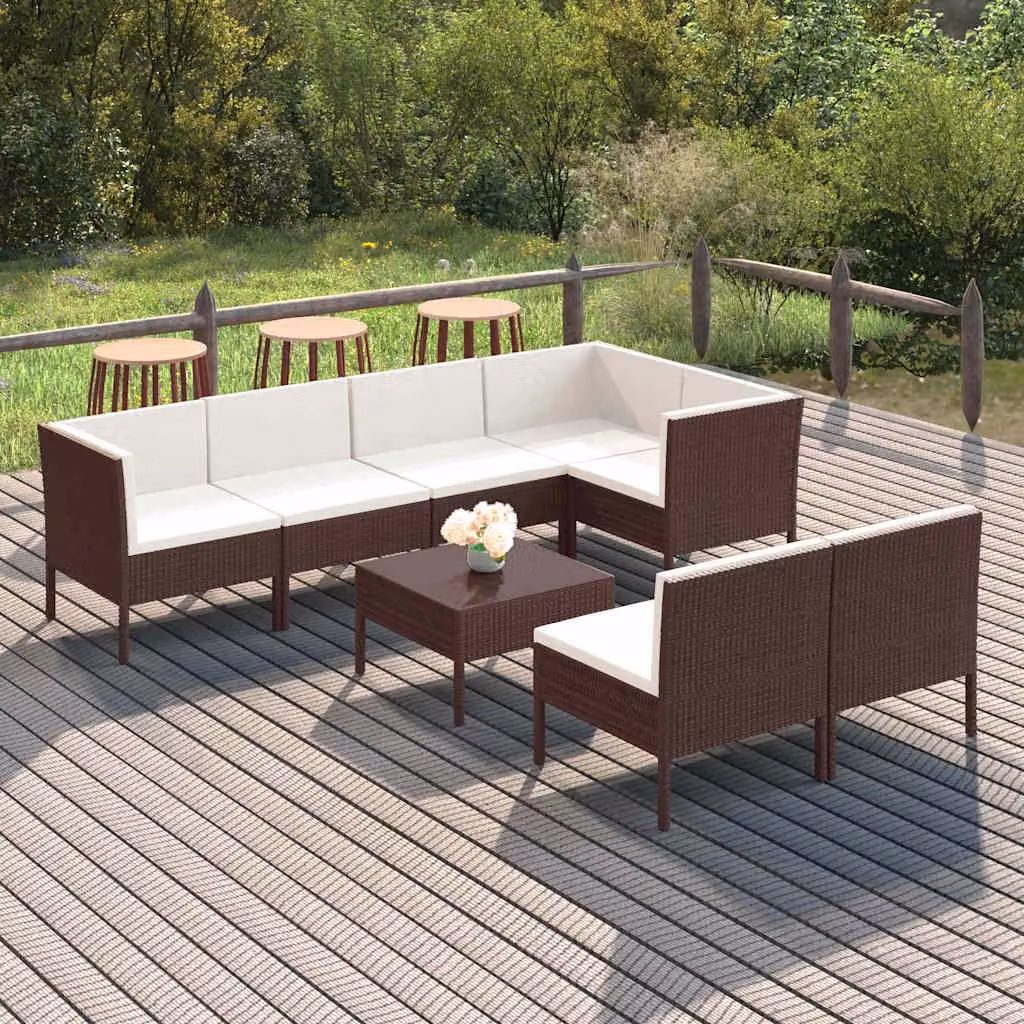 Set Divani da Giardino vidaXL 8 pz in Polyrattan Marrone e Beige con Cuscini e Ottoman in Stile Moderno