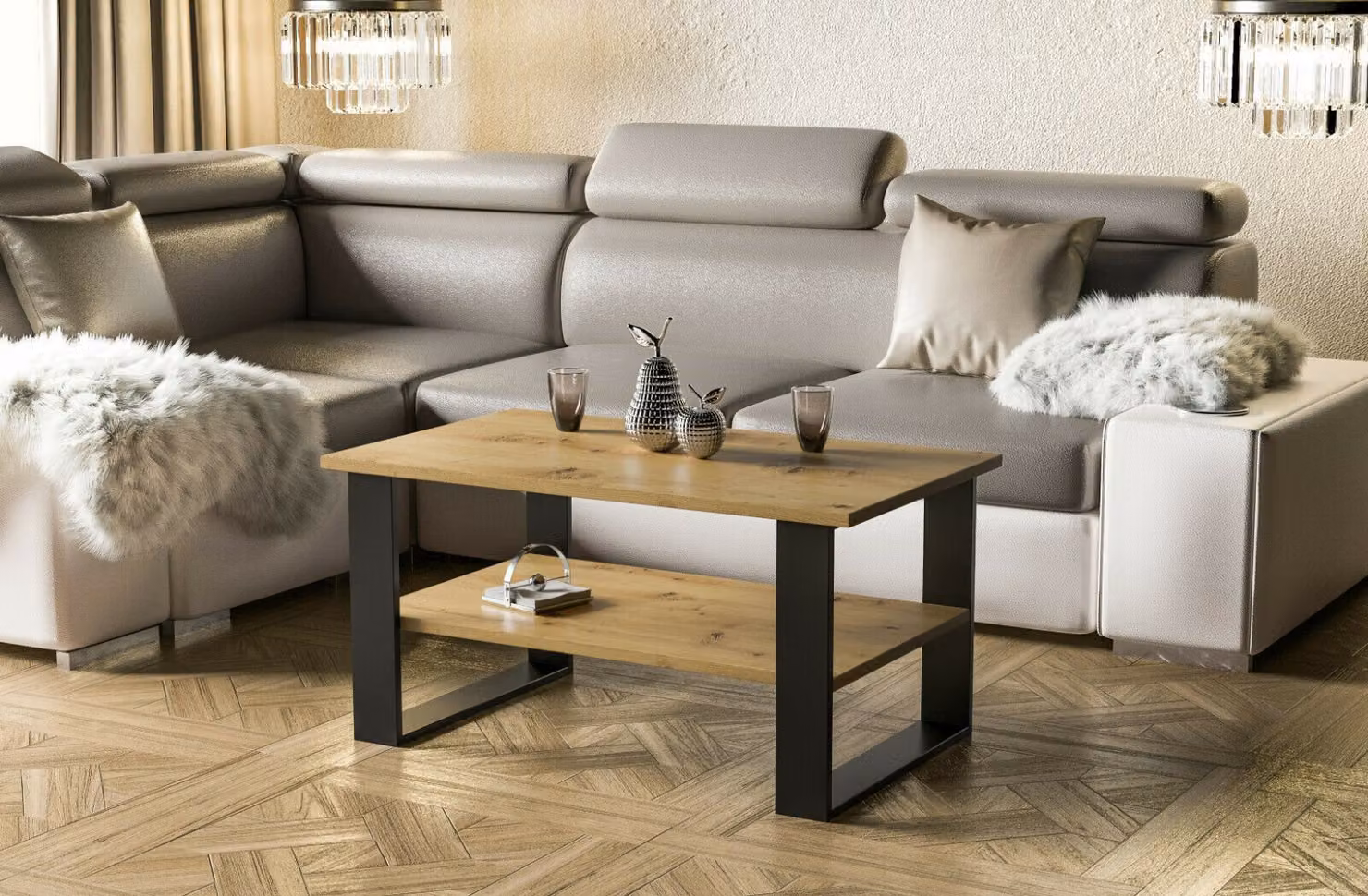Tavolino da salotto Endo-Möbel Inga 110x65x53 cm con base a slitta e ripiano (rovere Artisan)