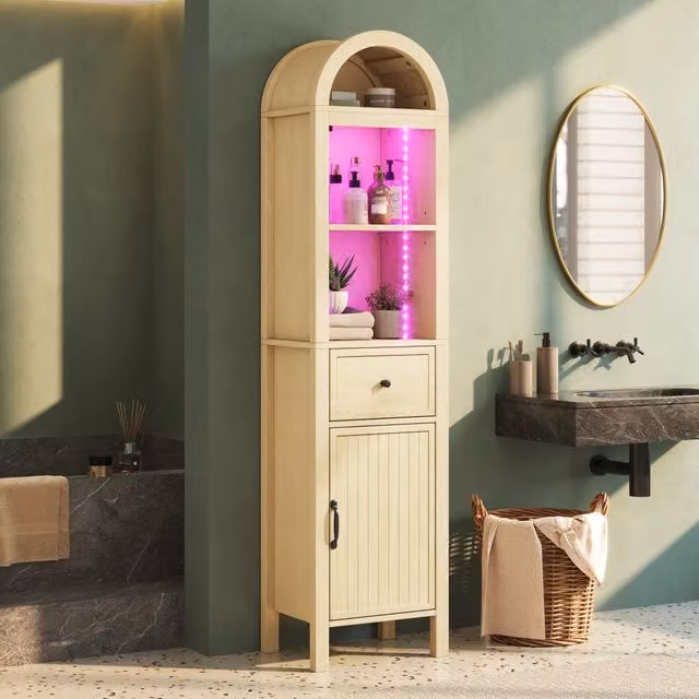 Armadietto da bagno con LED RGB e porta reversibile con cassetto ripiani regolabili in MDF naturale 40 × 30 × 163 cm