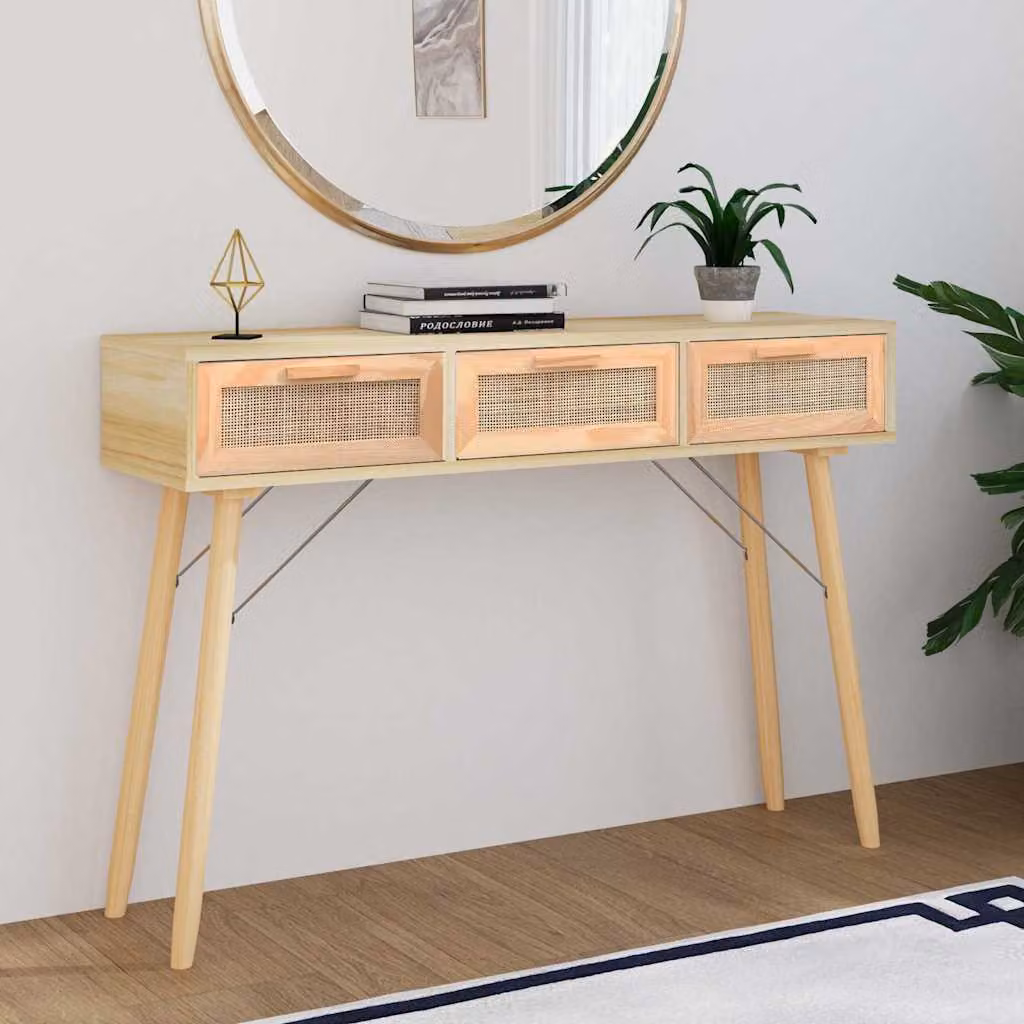 vidaXL Tavolo Consolle in Legno di Pino Massello e Rattan Naturale, Colore Marrone e Beige, L: 105 cm, P: 30 cm, H: 75 cm