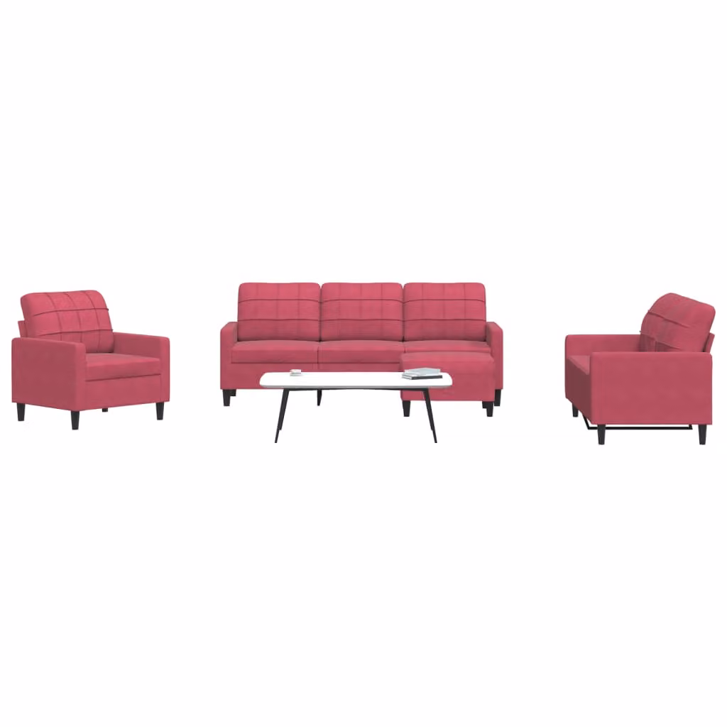 Set di divani moderno vidaXL in velluto rosso con pouf e cuscini