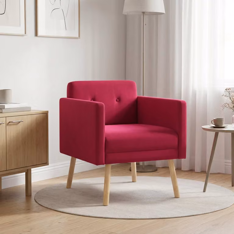 Poltrona decorativa moderna vidaXL in velluto rosso con braccioli e struttura in legno