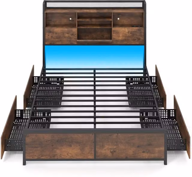 Struttura letto con LED e stazione di ricarica testiera contenitore e 4 cassetti, Piattaforma in metallo senza rete a molle 220 x 143 x 113 cm