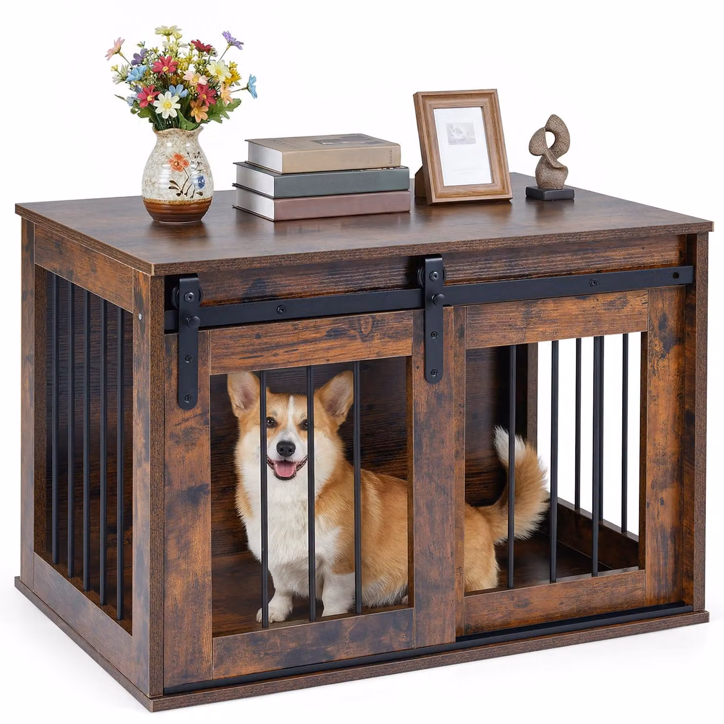 COSTWAY Gabbia per cani, gabbia robusta da 80 cm con porta scorrevole in stile rustico, struttura in metallo, mobile per cani in legno, tavolino laterale decorativo marrone