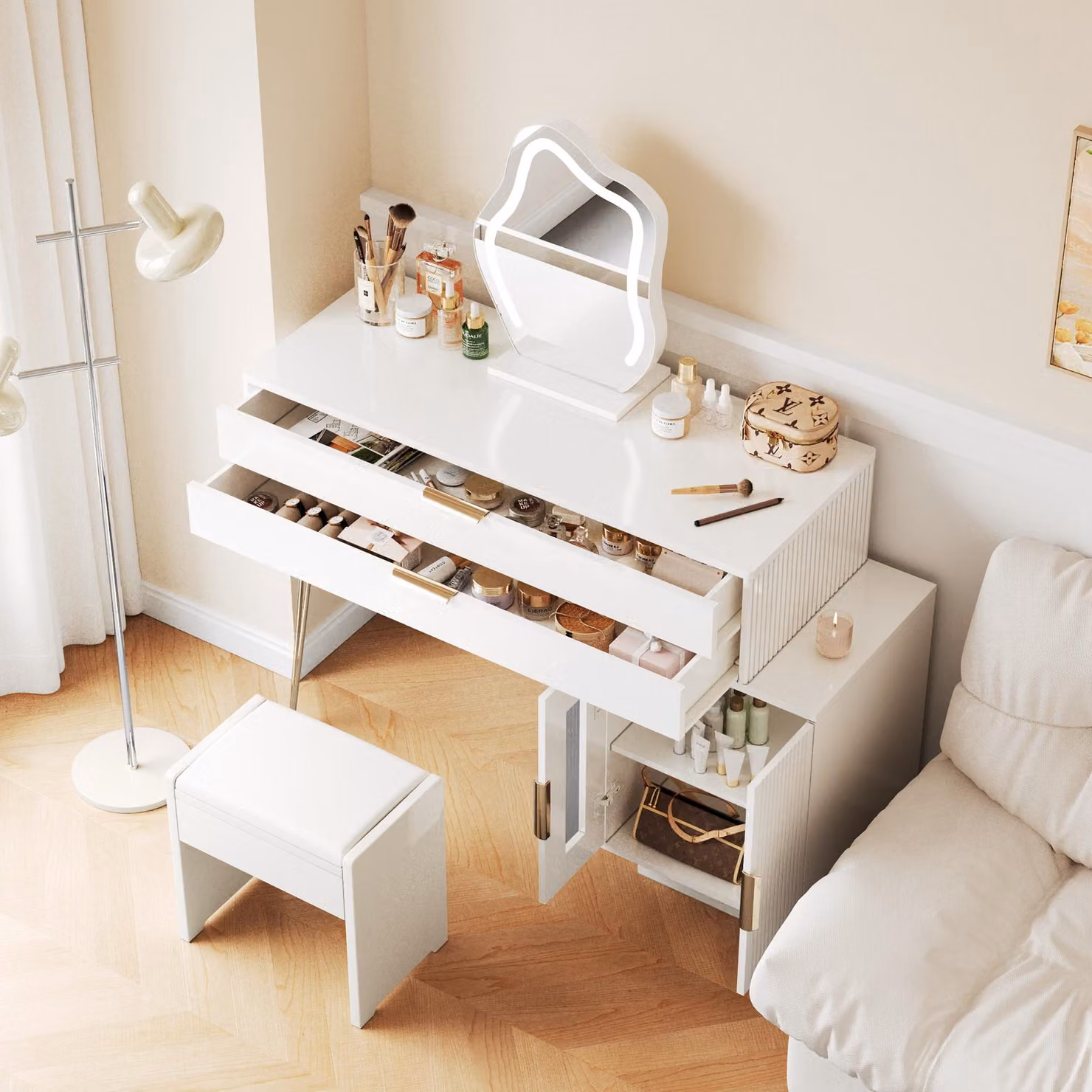 MODFU: toeletta moderna con specchio illuminato estensibile - tavolino da trucco con 2 cassetti - mobile compatto per camera da letto - bianco