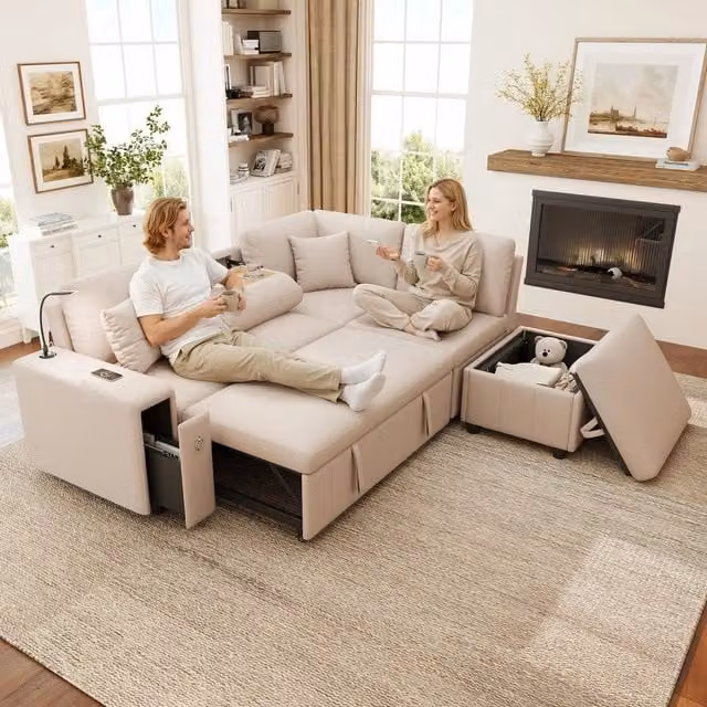 Divano letto angolare estraibile ¨C Minimal ¨C Beige tessuto con cuscini, spazio contenitore e USB