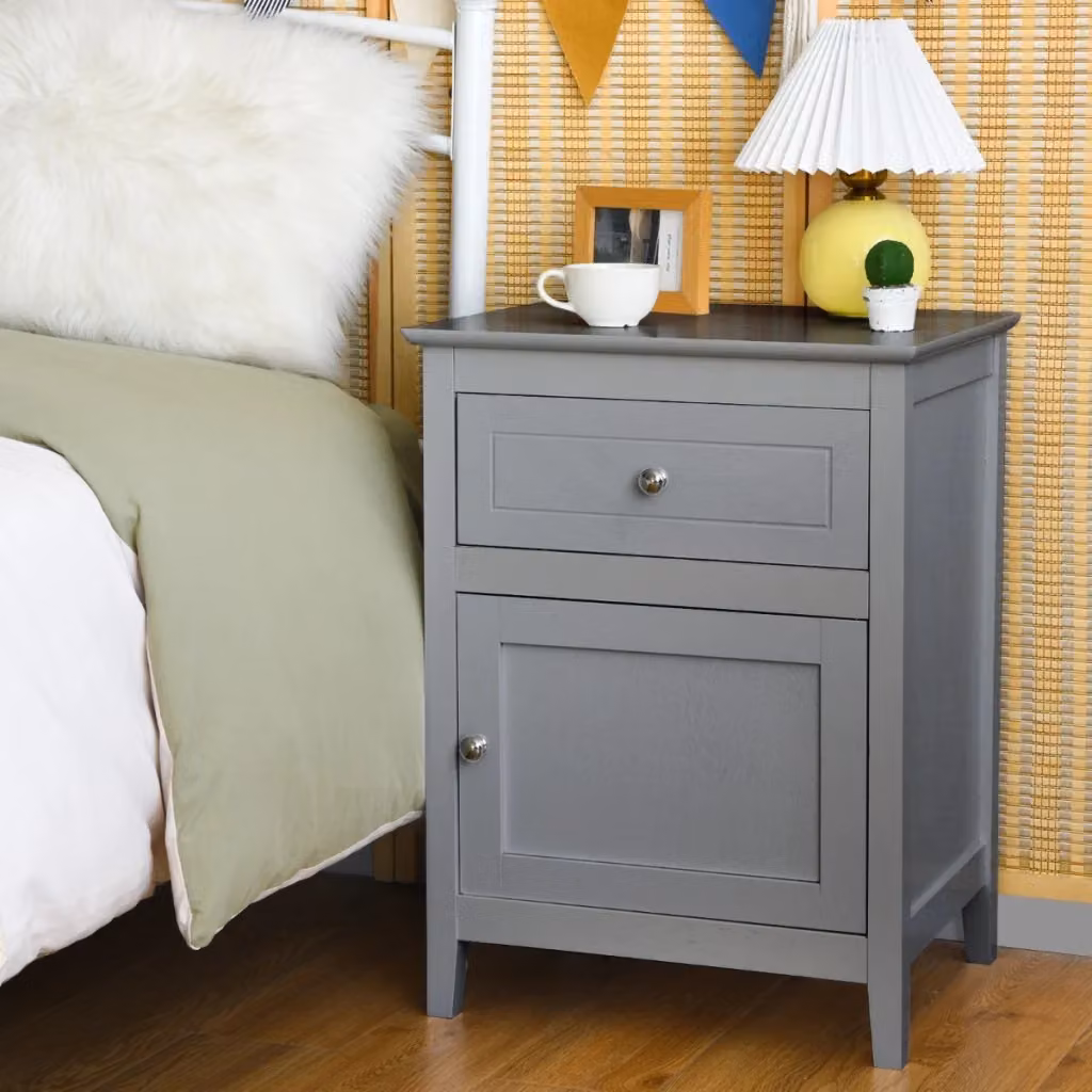 Set di 2 comodini moderni a 2 livelli con cassetto estraibile e gambe in legno, colore Grigio – 2