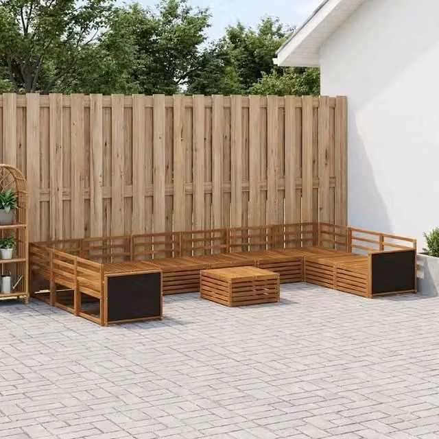 Set di divani da giardino a forma di U vidaXL in legno di acacia massello marrone con 11 pezzi e cuscini inclusi