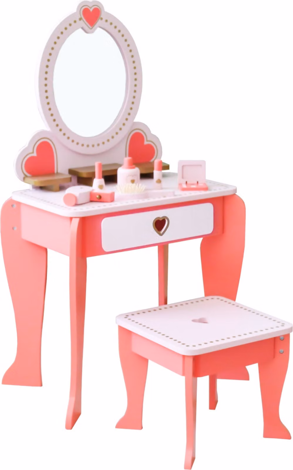 Tavolino da toilette in legno per bambini Rijoka con sgabello e specchio - Cassettiera per il trucco - 49 x 34 x 97 cm - Rosa