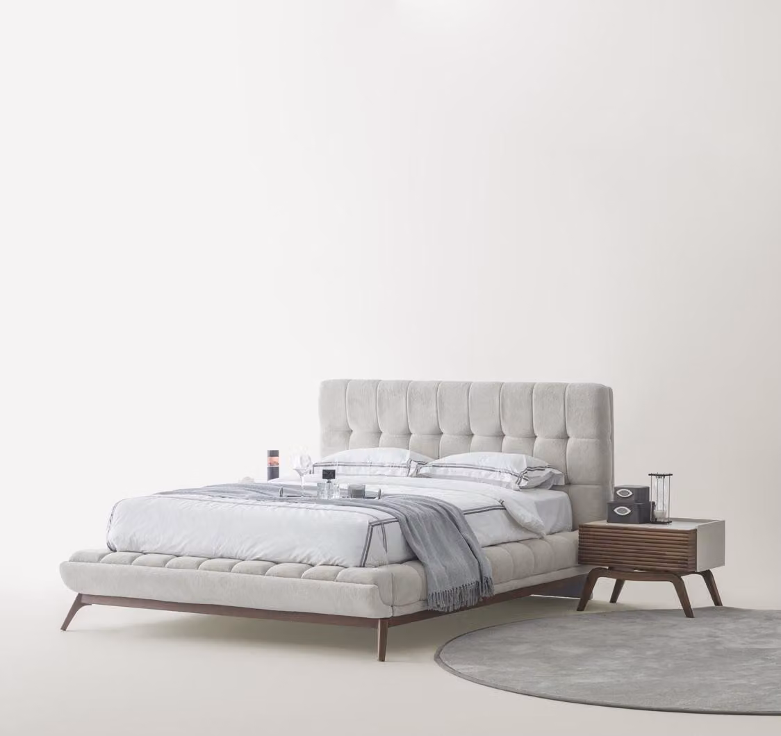 Mobili: Letto, comodini, set moderno, grigio chiaro, marrone, design elegante