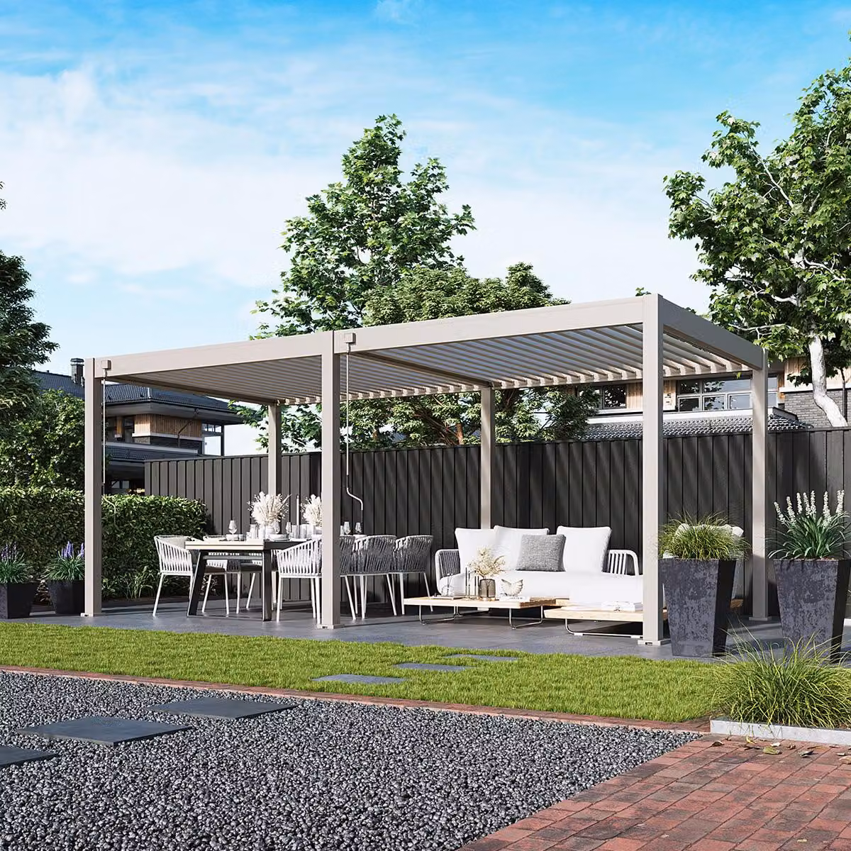 Pergola Weide Deluxe interamente in alluminio 3x6 m con tetto a lamelle, autoportante, colore Ivory Sand