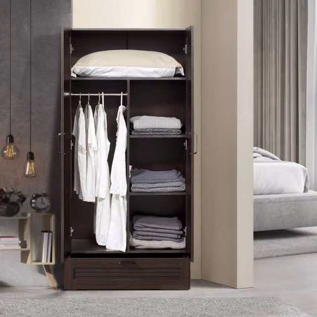 Armadio Guardaroba Finning con Ante a Persiana e Cassetto 176 x 80 x 52 cm Effetto Noce Scuro [en.casa]