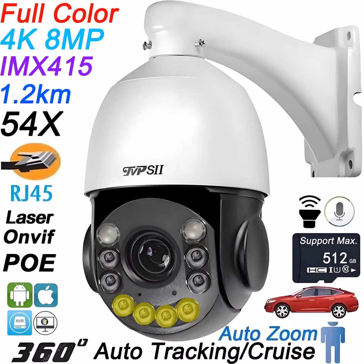 Telecamera di sicurezza PTZ da 8MP, risoluzione 4K – Telecamera IP – Telecamera a cupola – Telecamera PTZ – Zoom ottico 54x – PoE