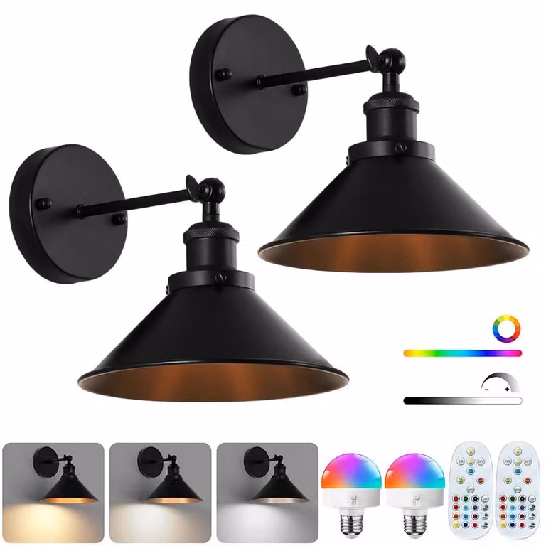Set di 2 applique a LED - Lampada da parete ricaricabile - Senza fili con batteria integrata - Cambio colore RGB - Regolabile tramite telecomando - Funzione timer - Nero
