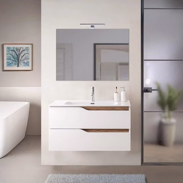 Mobile bagno sospeso Sumya con lavabo, design moderno in bianco e quercia, L: 100 cm