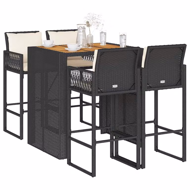Set Bar da Giardino vidaXL in Polyrattan e Legno di Acacia con 5 Cuscini, Nero e Bianco