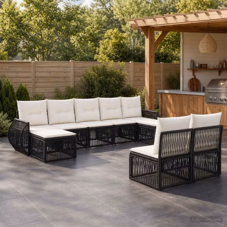 Set Divano da Giardino vidaXL a Forma a U in Polyrattan Nero e Bianco Crema con Cuscini e Ottoman