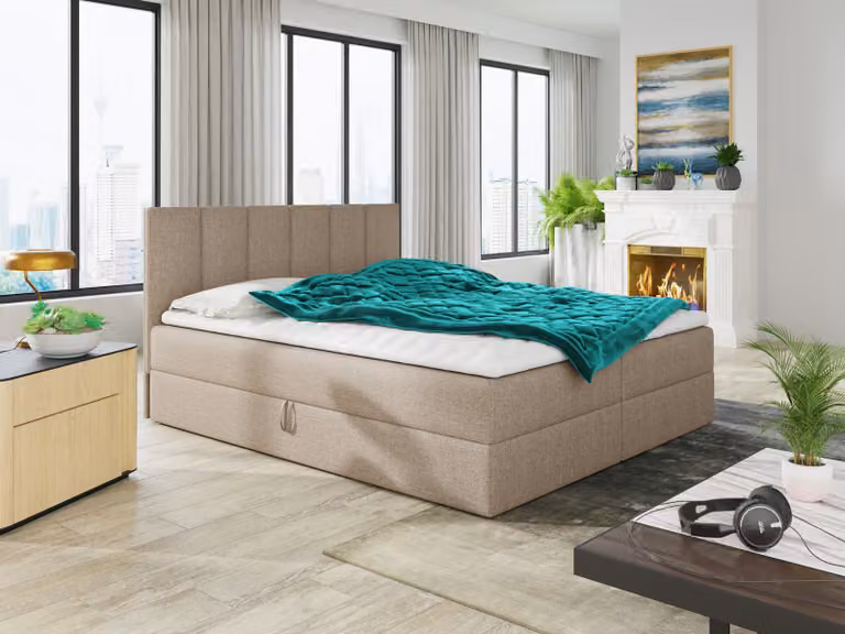 Letto boxspring Star con topper, materasso Bonell e 2 cassetti, letto matrimoniale, letto imbottito, letto (beige (Inari 22), 180 x 200 cm)