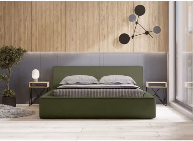 Letto contenitore VELORA Meublorama colore verde in tessuto bouclé e velluto con rete sollevabile L/P/H: 180 x 200 x 240 cm