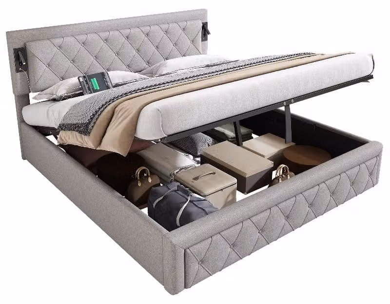 Letto imbottito 180x200 cm, grigio, rivestito in lino, con spazio contenitore, illuminazione LED integrata e porta USB, ideale per la camera da letto
