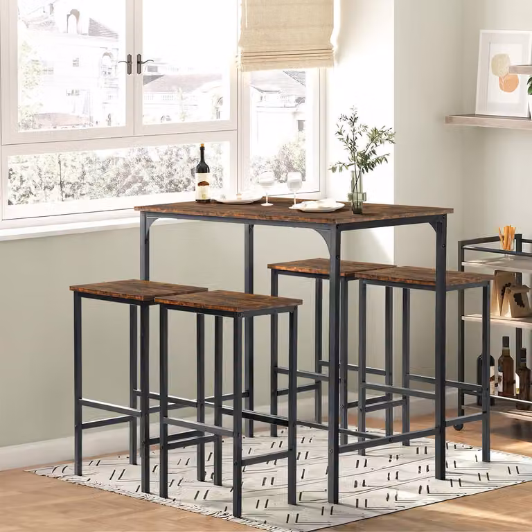 Tavolo da pranzo con 4 sgabelli, set da bar, dimensioni 100 x 60 x 90 cm, legno MDF laminato, struttura in metallo