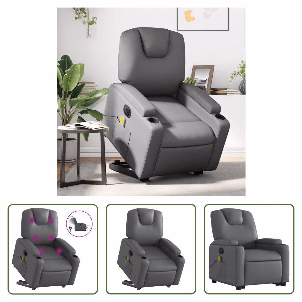 The Living Store Sedia massaggiante con supporto in piedi elettrica in ecopelle grigia