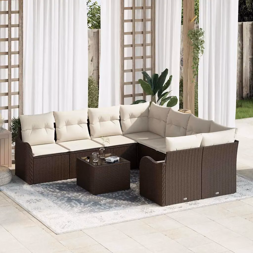 Set Divano da Giardino vidaXL 9 Pezzi a Forma di U Marrone con Cuscini e Tavolino – 1