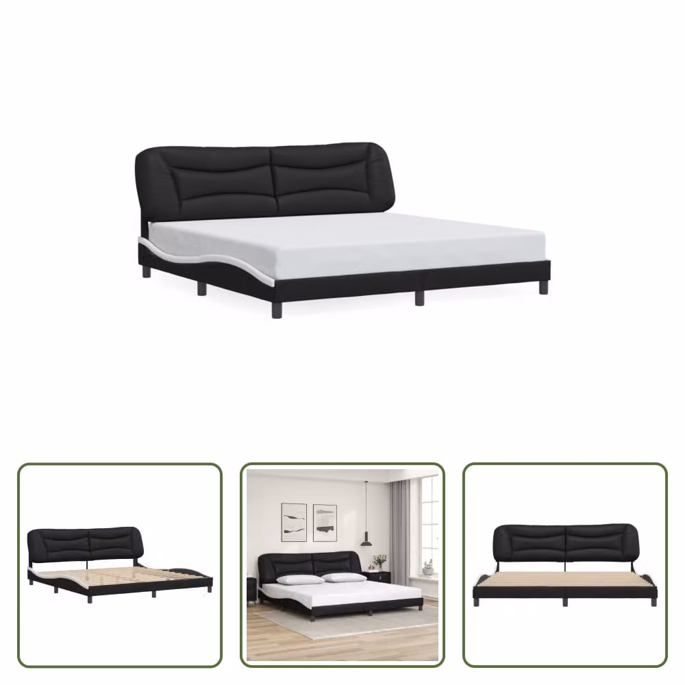 The Living Store Giroletto con testiera bianco e nero 200x200 cm in ecopelle