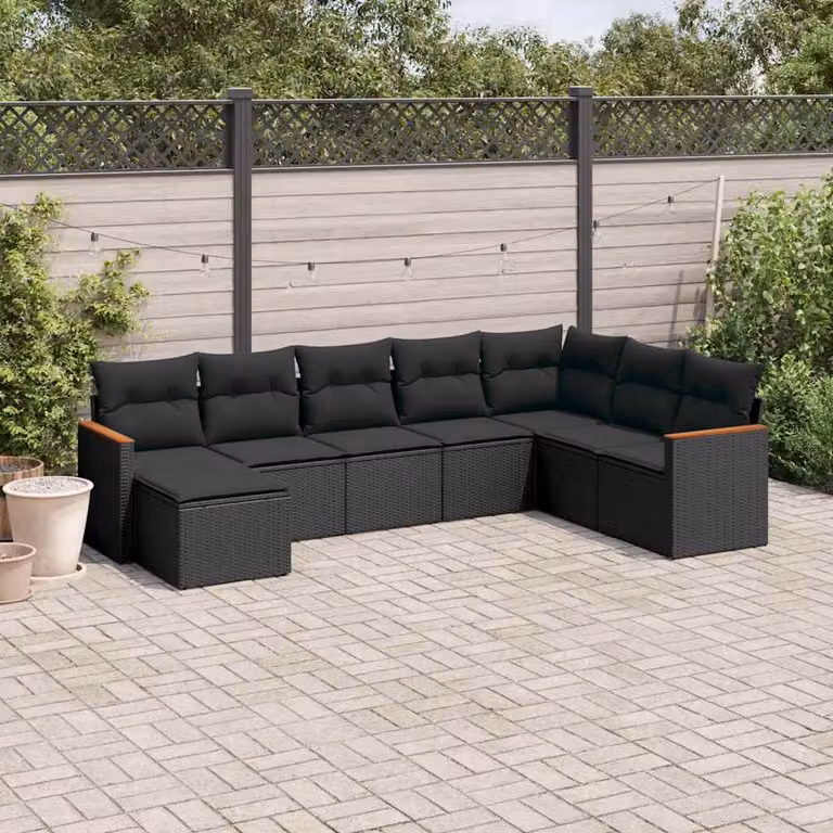 vidaXL Set Divani da Giardino a L con Cuscini 8 pz in Polyrattan Nero
