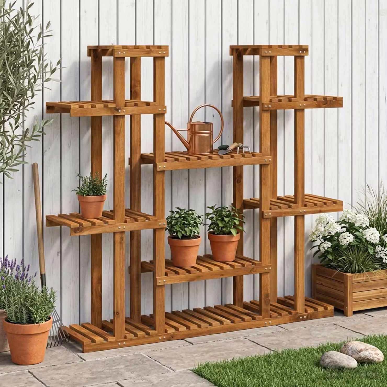 Supporto per piante moderno vidaXL in legno di acacia naturale, L 123 cm x P 25 cm x H 114,5 cm