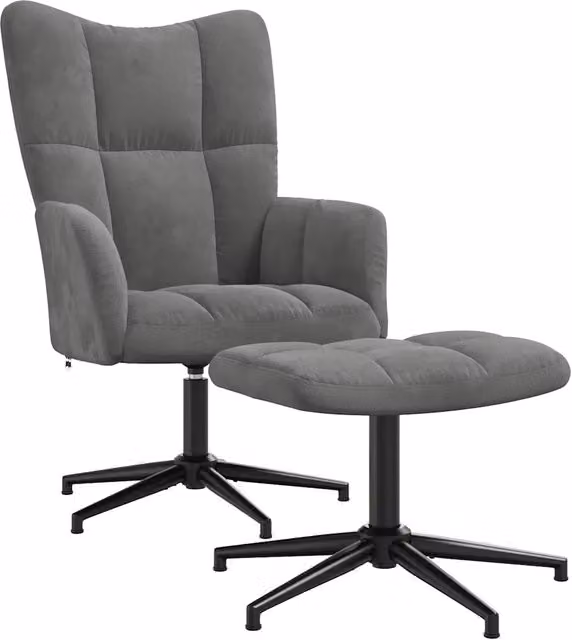 Poltrona Relax girevole a 360 gradi con poggiapiedi integrato in velluto grigio e struttura in metallo – 1