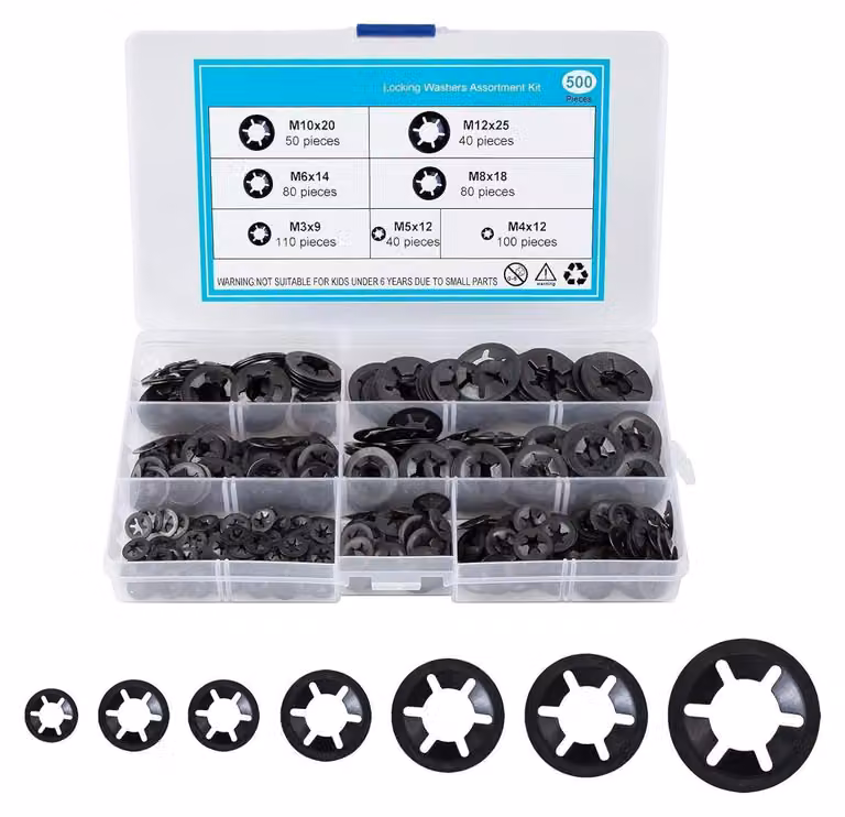 Set di rondelle di sicurezza con denti interni, in acciaio al manganese, colore nero, disponibili nelle misure da M3 a M12, confezione da 500 pezzi