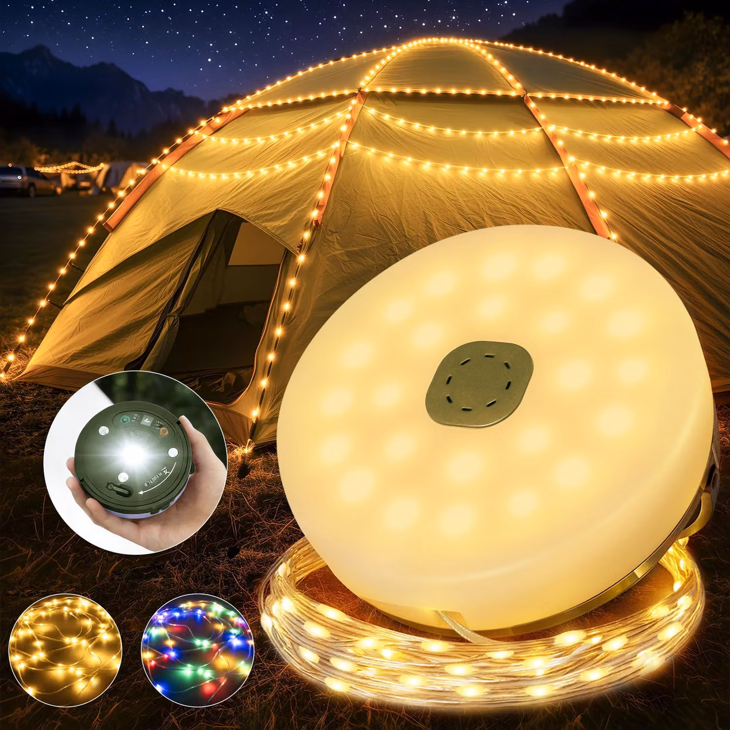 Catene luminose da campeggio, 10 metri, LED, 4 funzioni, avvolgibili, con magneti, grado di protezione IP44