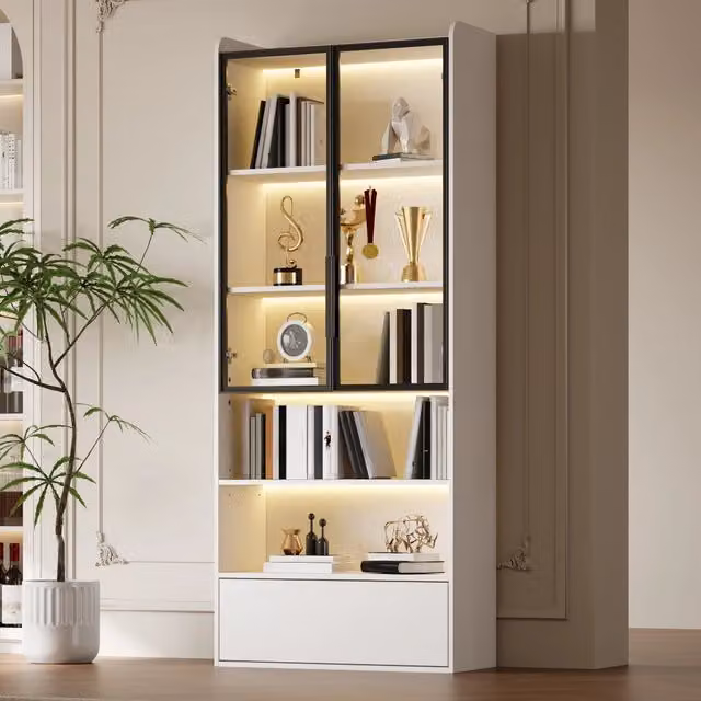 Vetrina Alta con LED ¨C MINIMAL ¨C Bianco, Legno, 80x34x180