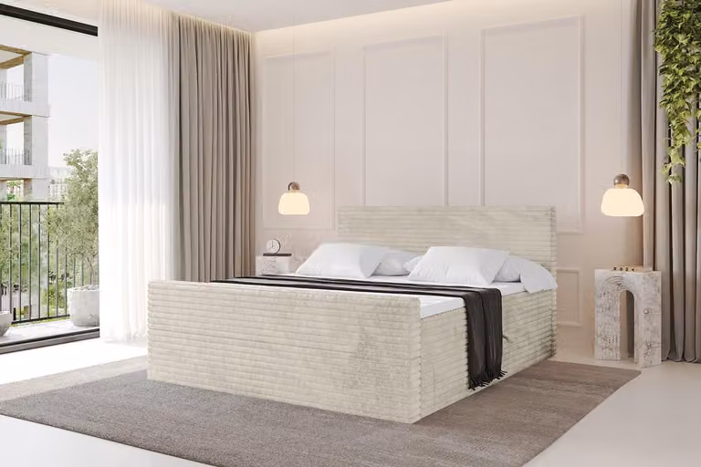 Letto boxspring ALTDECOR con pediera - TOLO-v1-Z 160x200 in velluto a coste - Crema - Set completo con materasso a molle insacchettate e topper, letto imbottito con materasso H4 e cassetti, rete a doghe, letto con contenitore, letto matrimoniale, letto a