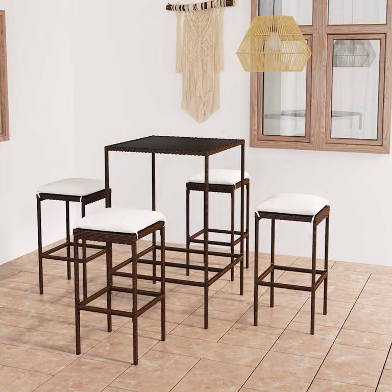 Set da Bar da Giardino vidaXL in Polyrattan Marrone e Bianco con Cuscini e Tavolo in Vetro 5 pz
